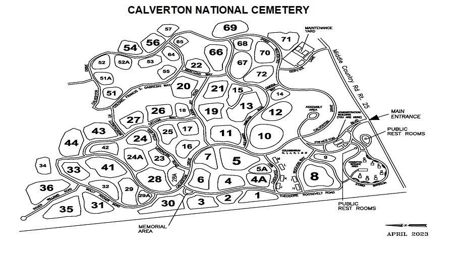 Calverton National Cemetery map. The main entrance to the Calverton National Cemetery is on Middle Country Road Route 25. Enter Princeton Boulevard and the administration building is on the left.