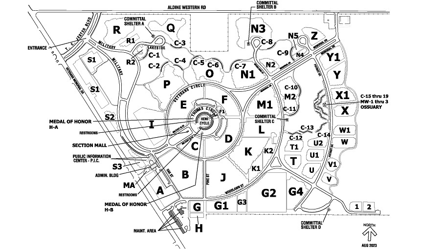 Houston National Cemetery map. The main entrance is on T.C. Jester Boulevard. Enter on Military and the public information center is on the right, before entering Veterans Circle.