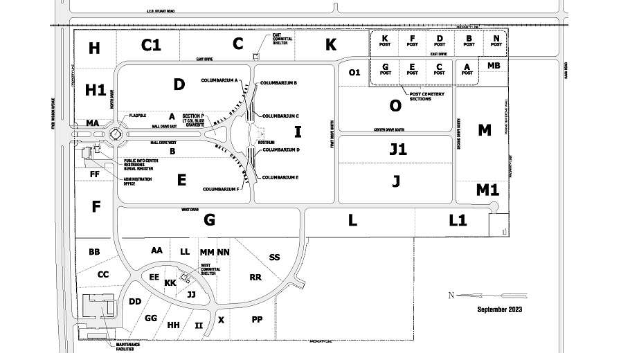 Fort Bliss National Cemetery map. The entrance is on Fred Wilson Avenue. Enter Mall Drive West and the public information center is on the right.