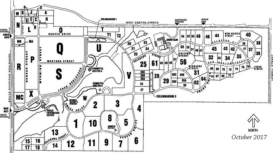 Map of Fort Logan National Cemetery. Visitors can find the Public Information Center beyond the main gate (visitor entrance) of the Fort Logan National Cemetery.