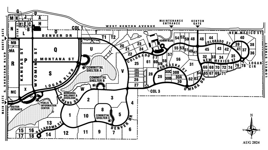 Map of Fort Logan National Cemetery. Visitors can find the Public Information Center beyond the main gate (visitor entrance) of the Fort Logan National Cemetery.