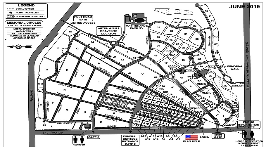 Fort Snelling National Cemetery map. The entrance to the Fort Snelling National Cemetery is on 34th Avenue and the administrative building is on the east side of the cemetery.