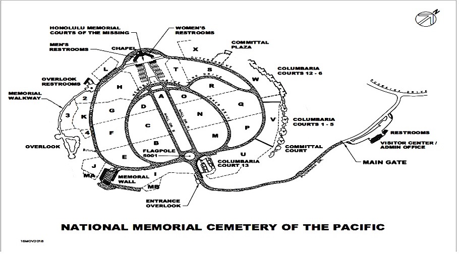 National Memorial Cemetery of the Pacific map. The main entrance to the National Memorial Cemetery of the Pacific is on Puowaina Drive. The visitor center is on the left just before entering the main entrance.