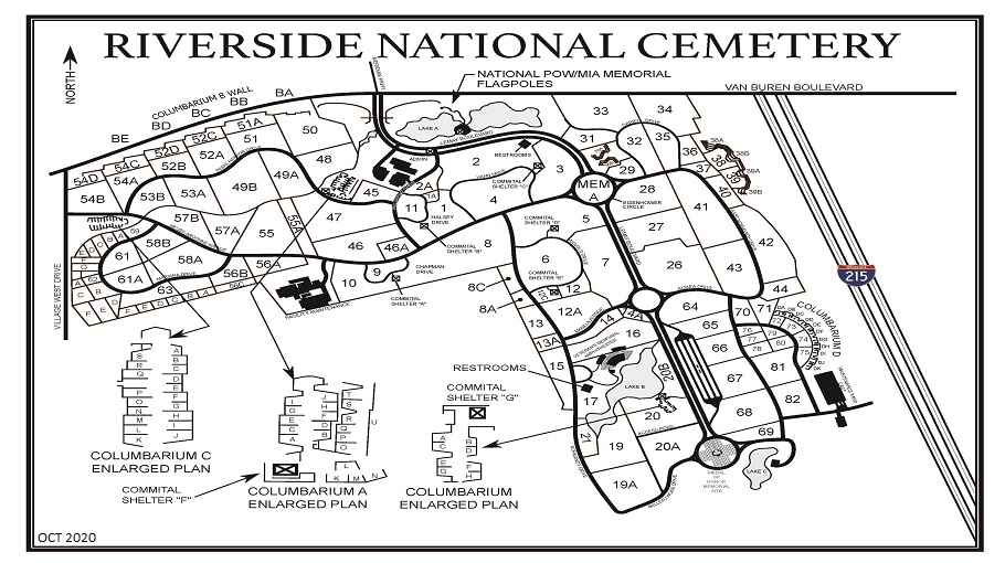 Riverside National Cemetery map. The entrance to the Riverside National Cemetery is on Van Buren Blvd. Enter Harmon St. and the administrative building is on the right after the main entrance.