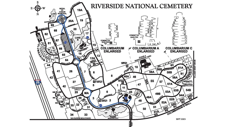 Riverside National Cemetery map. The entrance to the Riverside National Cemetery is on Van Buren Blvd. Enter Harmon St. and the administrative building is on the right after the main entrance.