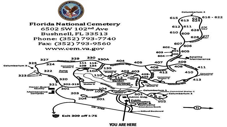 Florida National Cemetery map. The main entrance to the Florida National Cemetery is on County Road 476B. Enter SW 102nd Avenue and the public information center is on the right.
