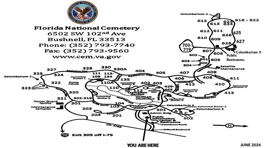 Florida National Cemetery map. The main entrance to the Florida National Cemetery is on County Road 476B. Enter SW 102nd Avenue and the public information center is on the right.