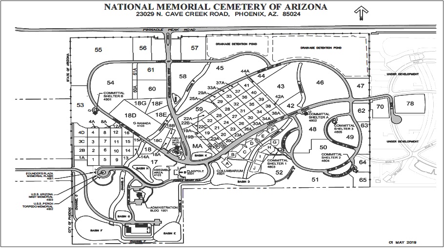 National Memorial Cemetery of Arizona map. The main entrance to the National Memorial Cemetery of Arizona is on Pinnacle Peak Road. Enter Veterans Memorial Drive and the public information building is on the right.