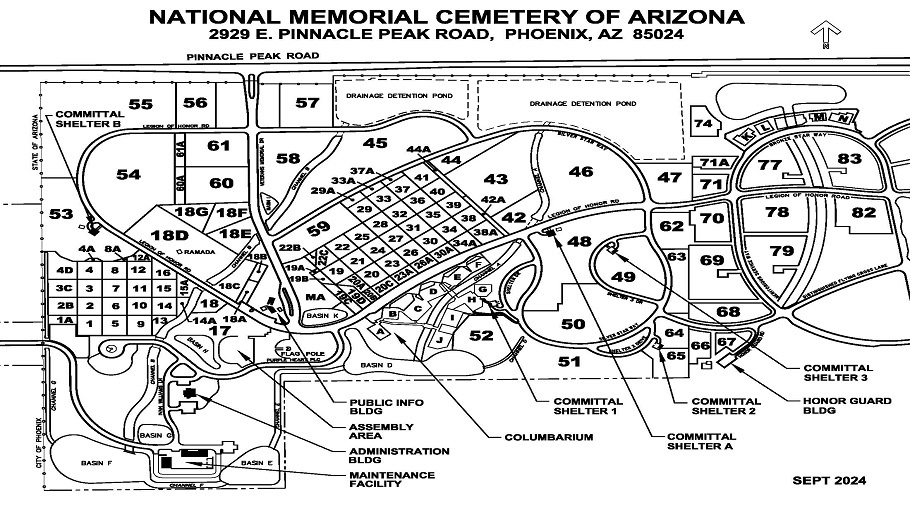 National Memorial Cemetery of Arizona map. The main entrance to the National Memorial Cemetery of Arizona is on E Pinnacle Peak Road. Visitors can find the public information building on the right after entering the cemetery.